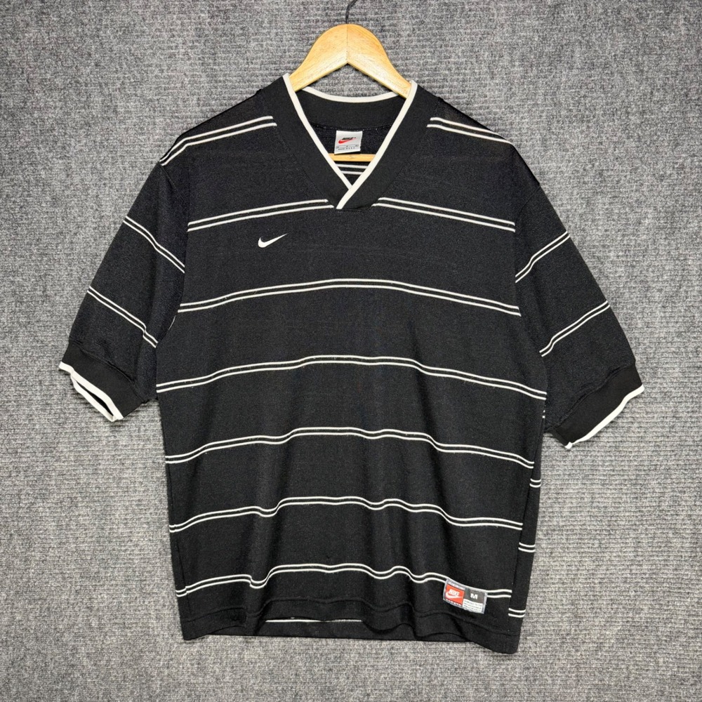 VTG 90s Nike Striped V-Neck Soccer Jersey Shirt Medium Black White Made in USA